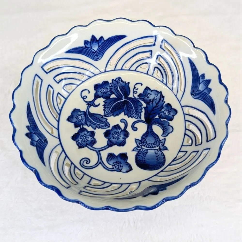 Vintage Asian Blue and White Reticulated Porcelain Fruit Bowl
